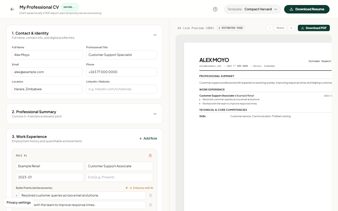 Mabasa CV Studio with editable experience and a live CV preview using example details