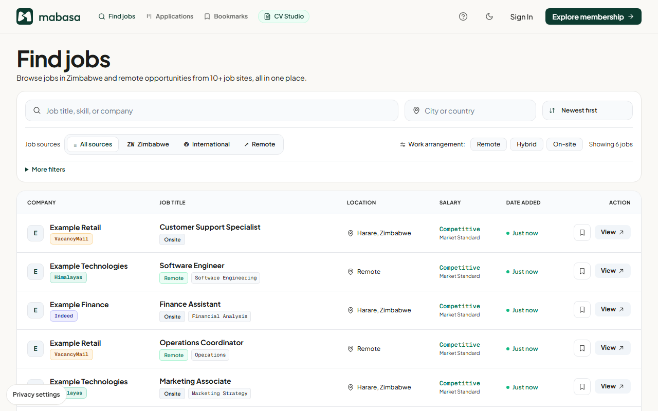 Mabasa jobs feed with role and location filters; illustrative example listings